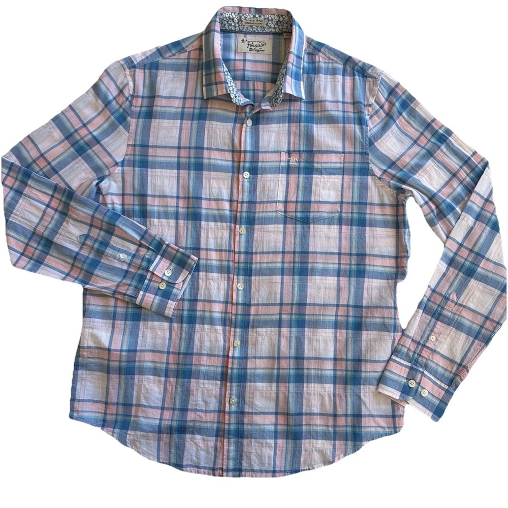 Penguin Men’s Pastel Windowpane Plaid Button Down Shirt Lightweight Cotton XL